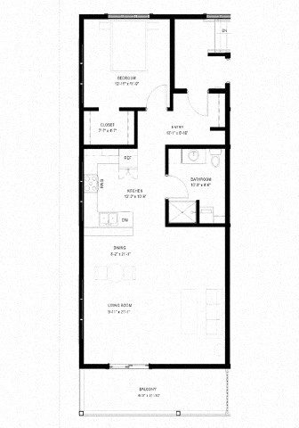 Floor plan for 1 bed, 1 bath, 890 sqft